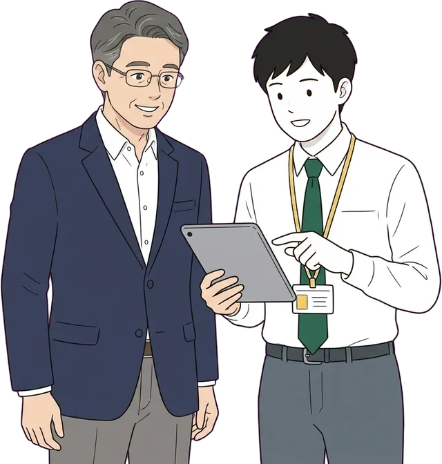 生徒集め係がタブレットで塾長に説明している様子